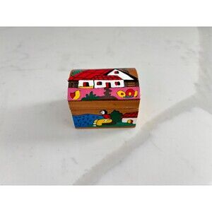 Vintage Hand Painted Mini Wooden Hinged Box - El Salvador Wood Folk Art Keepsake